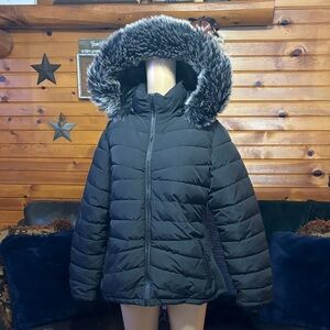 Snobbish Women's Black Puffer Jacket with Faux Fur Hood size 1X